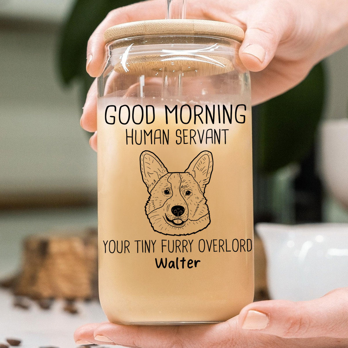 Good Morning Human Servant Dog Head Outline Gift For Dog Lover Personalized Clear Glass Can