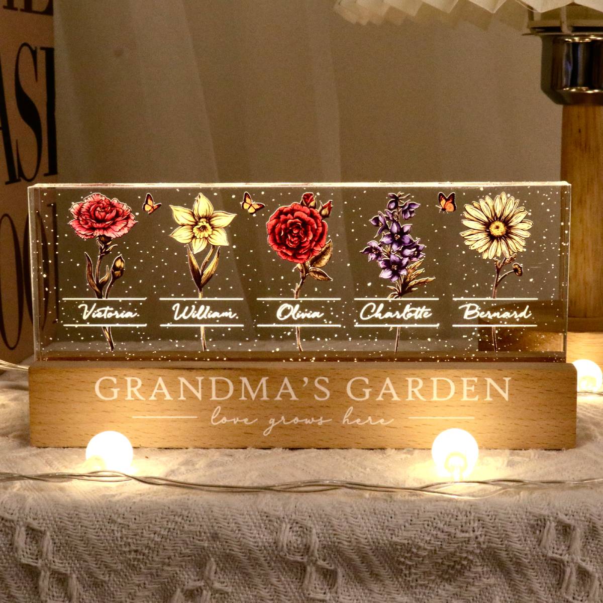 Grandma's Garden Of Grandkids Birth Month Flowers - Personalized Acrylic Block Plaque LED Night Light - Gift For Grandma, Gift For Mom