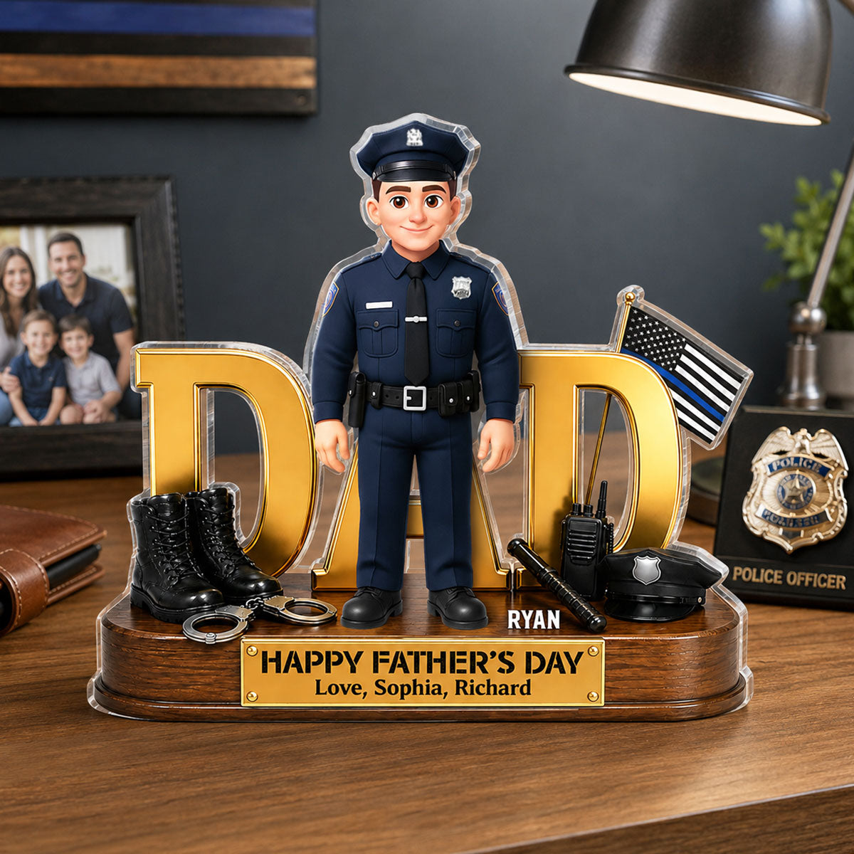 Proud American Police Dad You Are Our Hero Thin Blue Line 2D Flat - Personalized Acrylic Block Plaque - Father's Day Gift For Dad