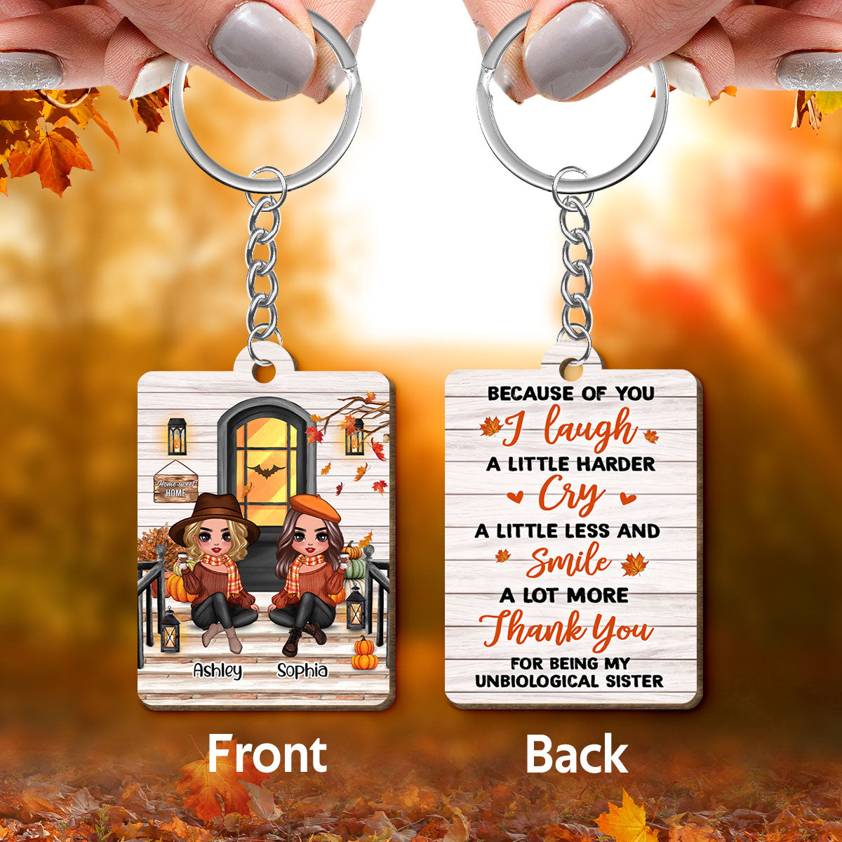 Fall Season Best Friends Sisters Front Porch Personalized Wooden Keychain