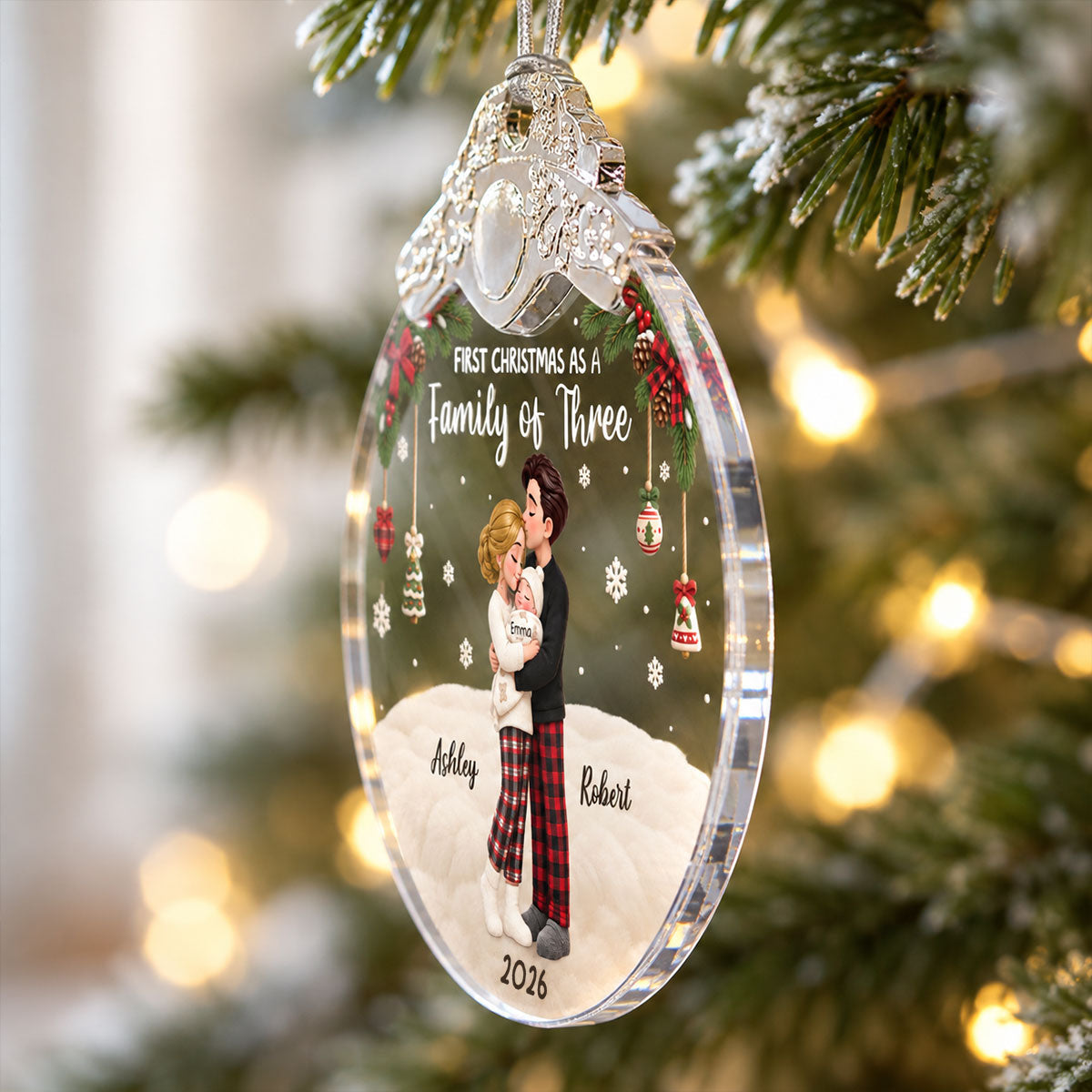 Our First Christmas As Family Of Three - Personalized Glass Ornament With Silver Cap - Christmas Tree Keepsake For New Parents