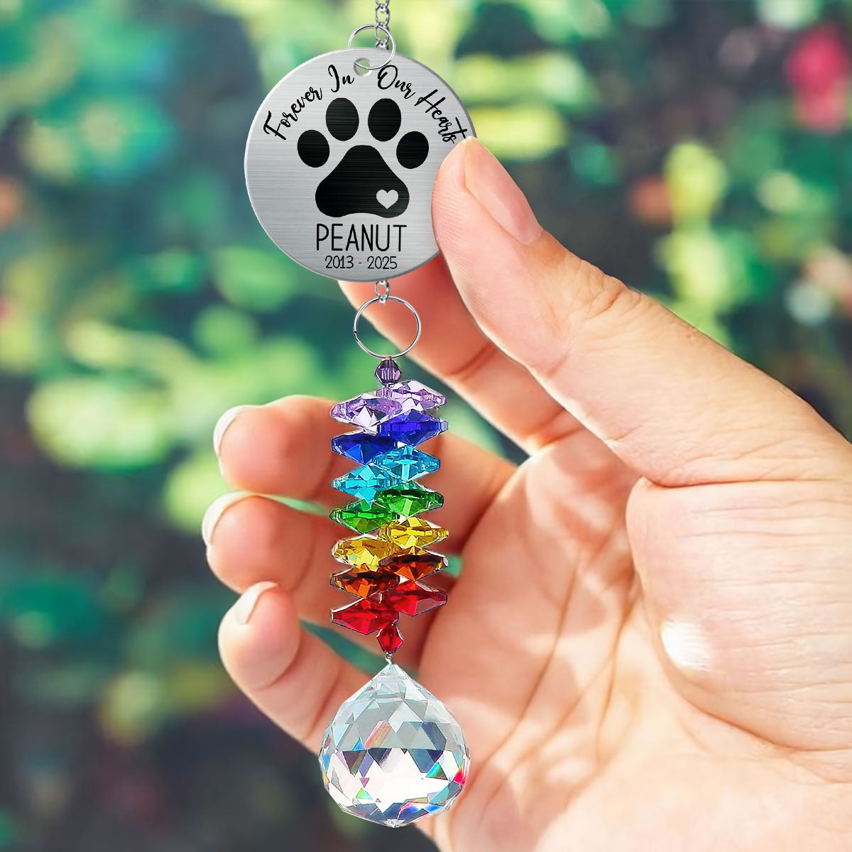 Pet Dog Memorial Forever In Our Hearts Personalized Crystal Suncatcher With Aluminum Charm