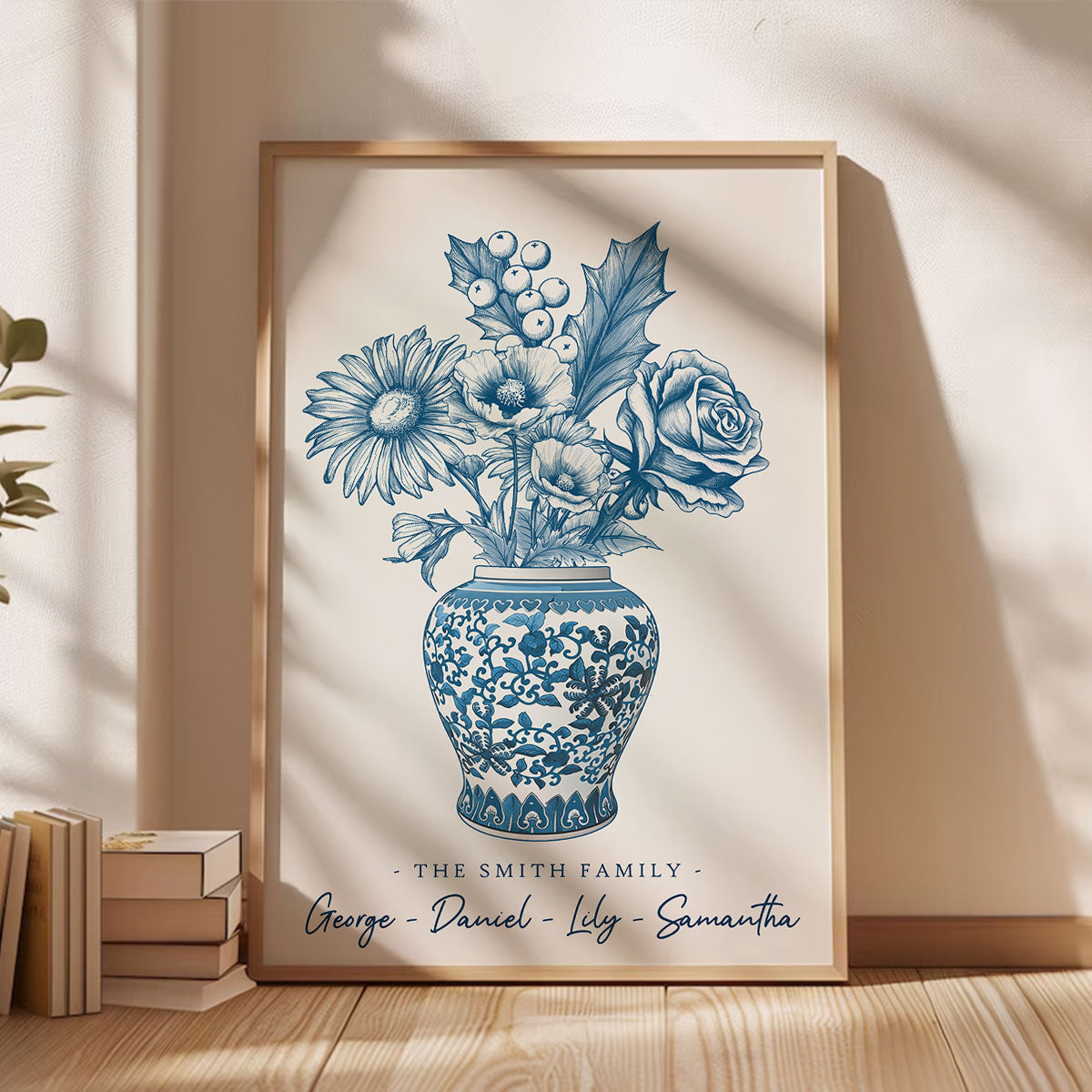Family Birth Flower Blue Chinoiserie Vase Personalized Poster, Home Decor, Housewarming Gift