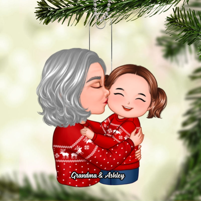 Doll Grandma Kissing Kid On Cheek Christmas Gift For Granddaughter Grandson Personalized Acrylic Ornament