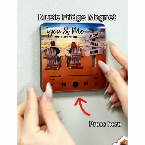 Romantic Beach Landscape Couple Sitting Holding Hands Sign Posts Personalized Bluetooth Music Fridge Magnet, Heartfelt Gift For Couple, For Him, For Her, Boyfriend, Girlfriend, Husband, Wife