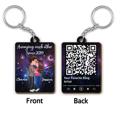 Doll Couple Kissing In Galaxy Night Favorite Song Scannable QR Code Personalized Wooden Keychain