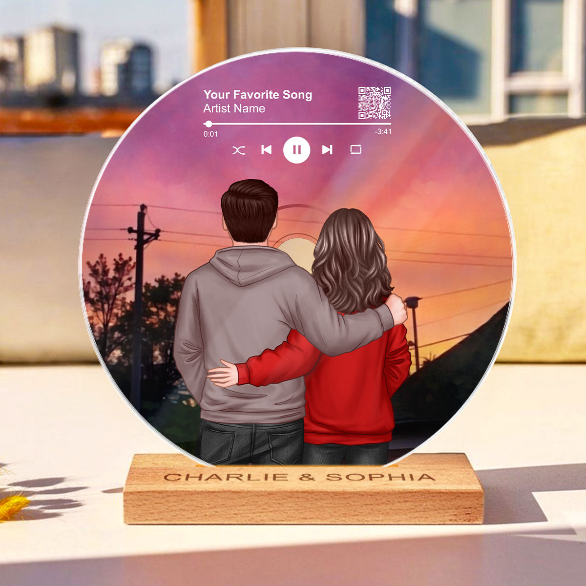Couple Back View In the Sunset Custom Vinyl Record Acrylic Song Plaque, Scannable QR Code, Personalized Birthday, Anniversary Gift for her and for him
