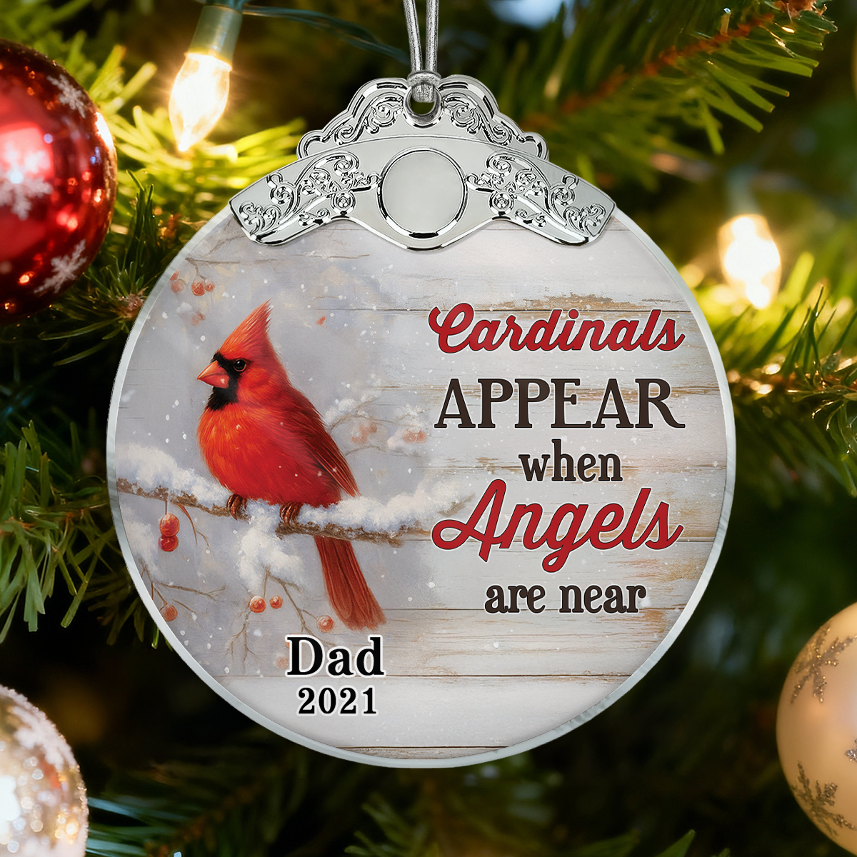 We're Always With You Cardinals In Snow - Personalized Glass Ornament With Silver Cap - Christmas Memorial Keepsake For Family