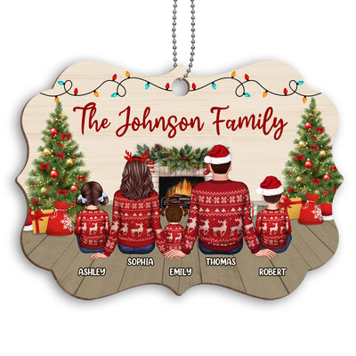 Family At Fireplace Christmas Ugly Sweater Personalized Wooden Ornament