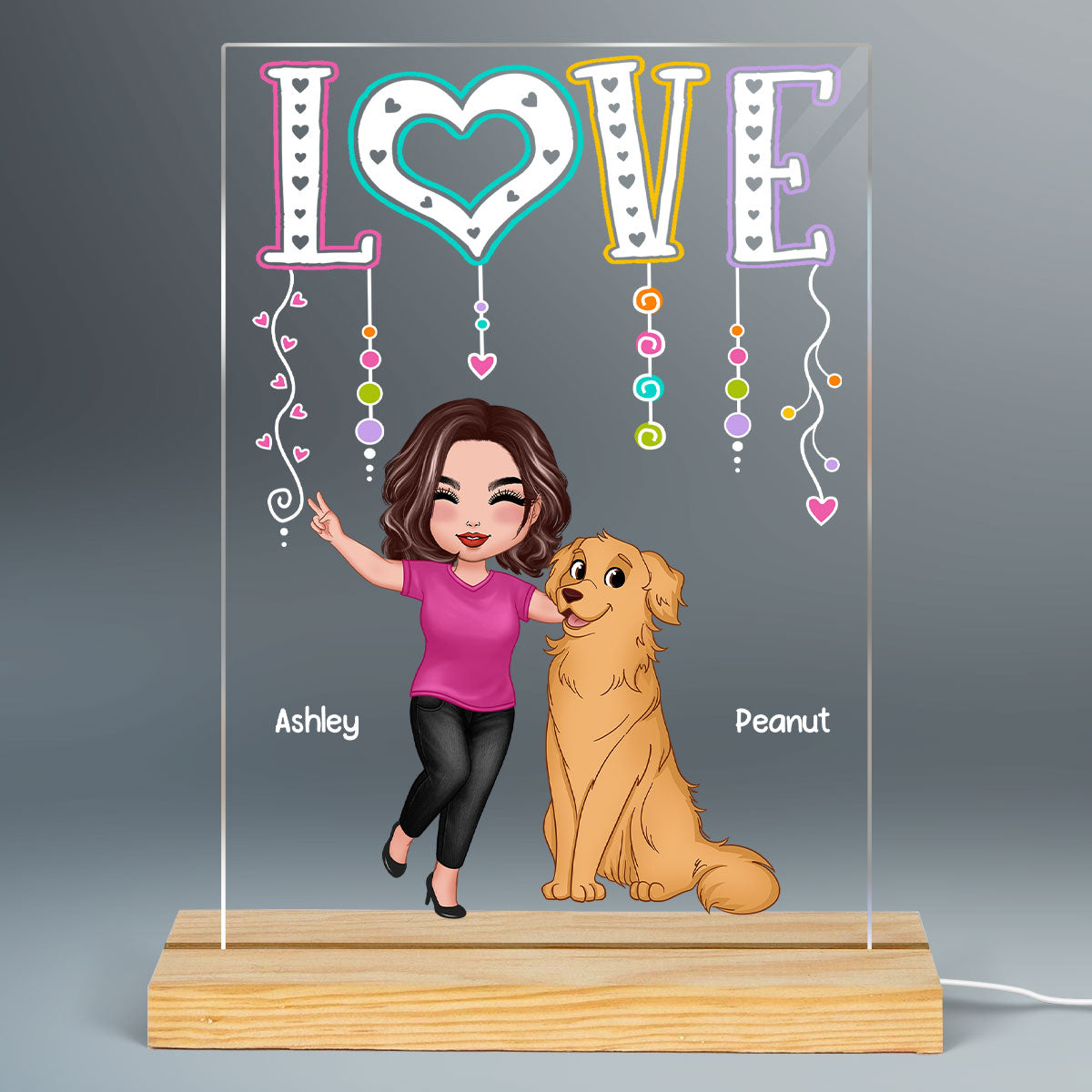 LOVE Happy Doll Woman With Dogs Cats Gift For Dog Mom Cat Mom Personalized Rectangle Acrylic Plaque LED Night Light