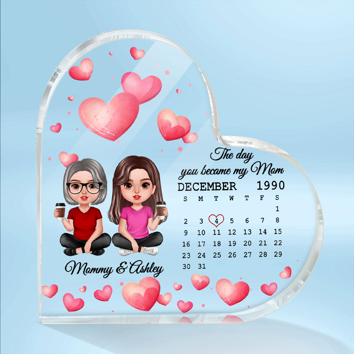 Realistic Doll Mother Daughter Personalized Acrylic Heart Plaque - Gift For Mom