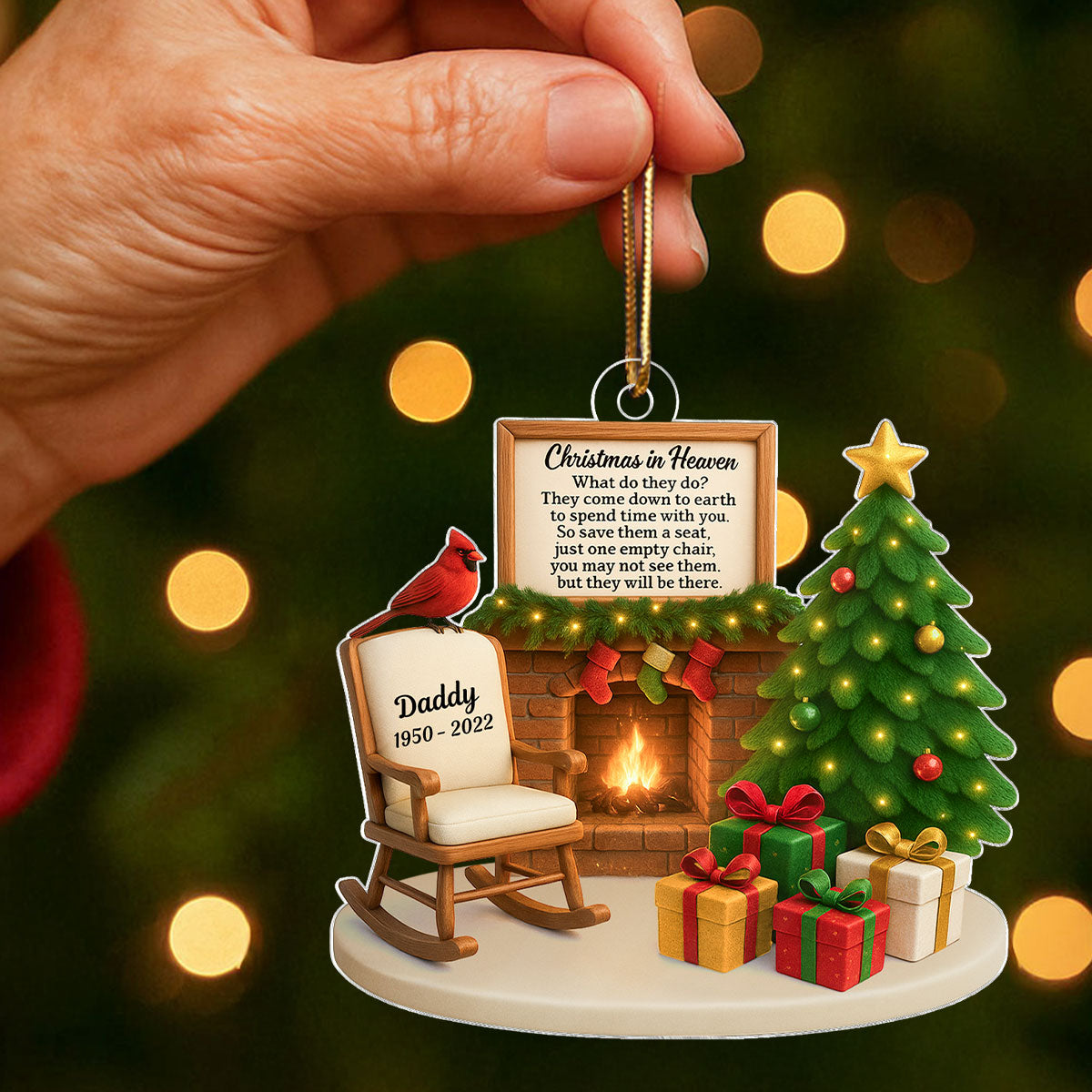 Christmas In Heaven Cardinal On Chair 3D Effect Personalized Acrylic Ornament, Heartwarming Memorial Sympathy Gift