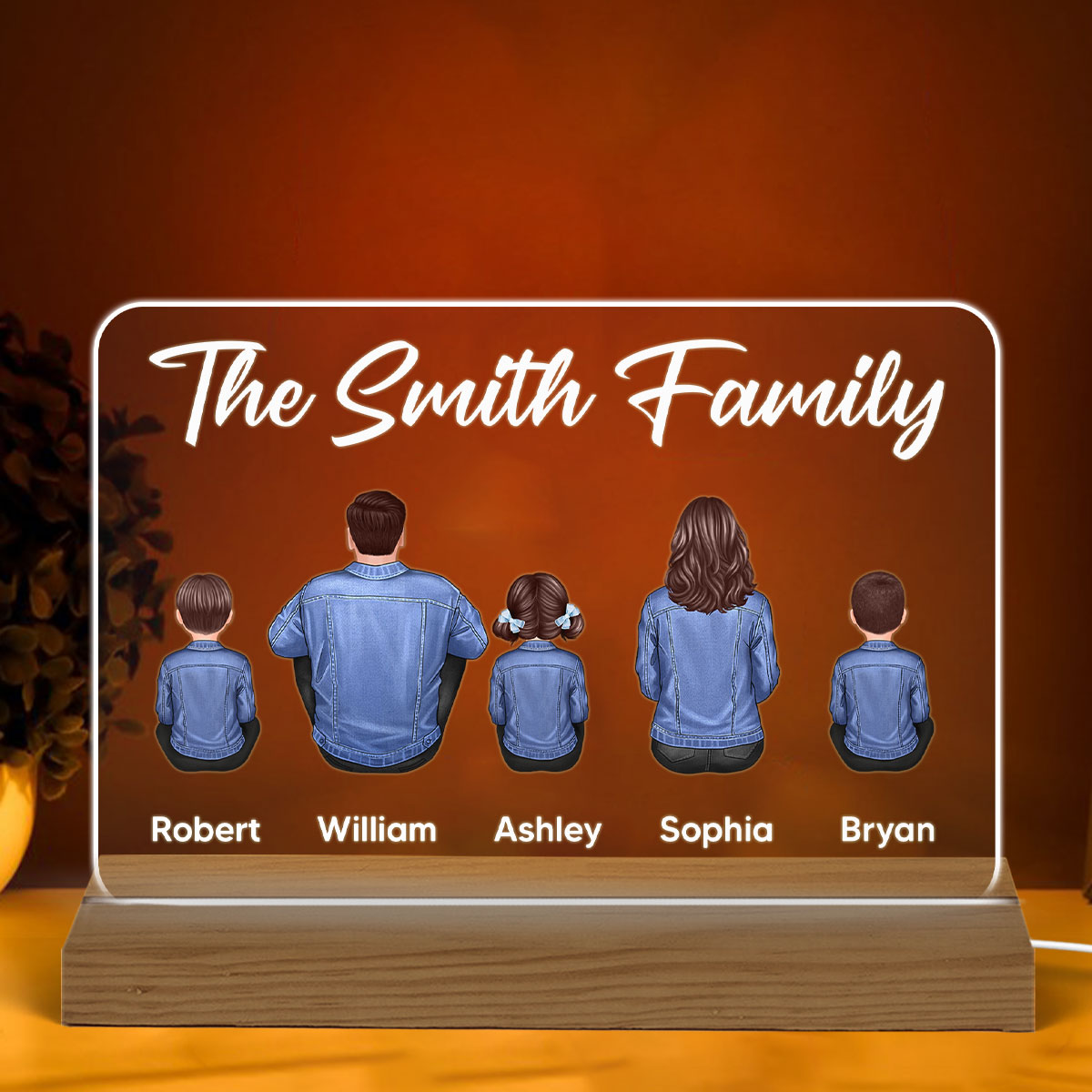 Whole Family Back View Denim Couple Dad Mom Kids Dogs Cats Sitting Personalized Custom Shape Warm LED Night Light