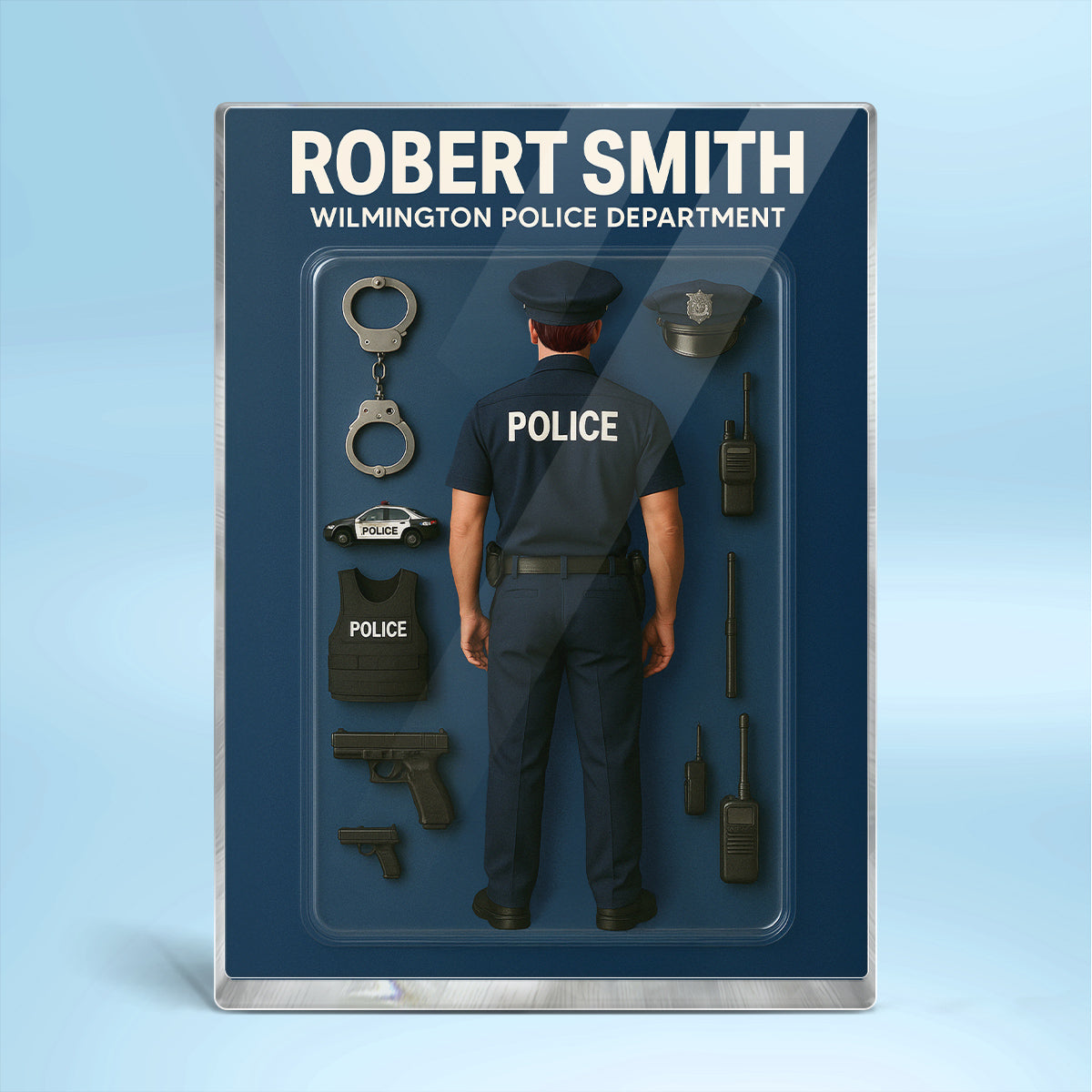3D Effect Back View Police Officer Custom Figure Personalized Flat Rectangle Acrylic Block Plaque