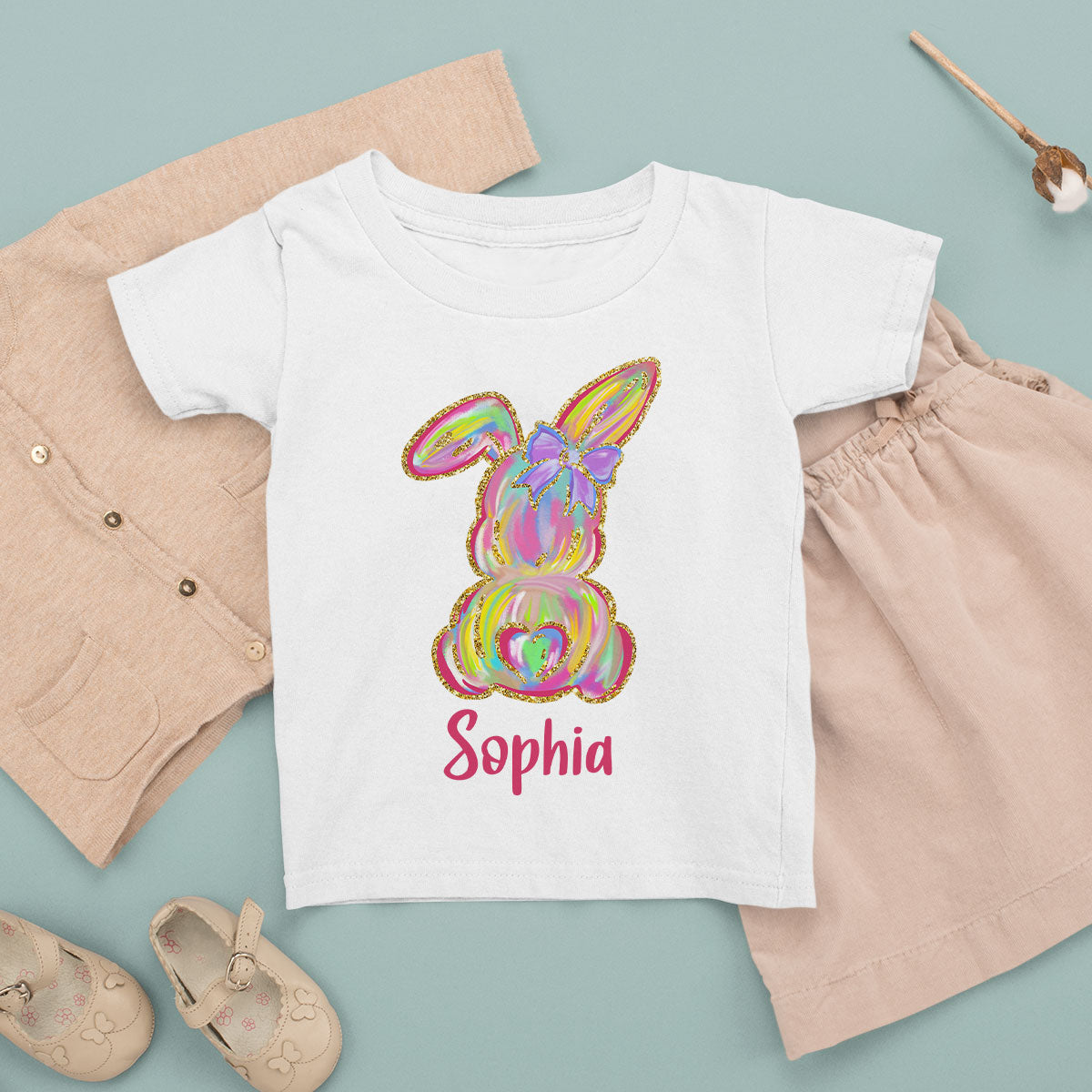 Brushstroke Bunny Easter Personalized Baby Onesie Baby Shirt - Custom Baby Name