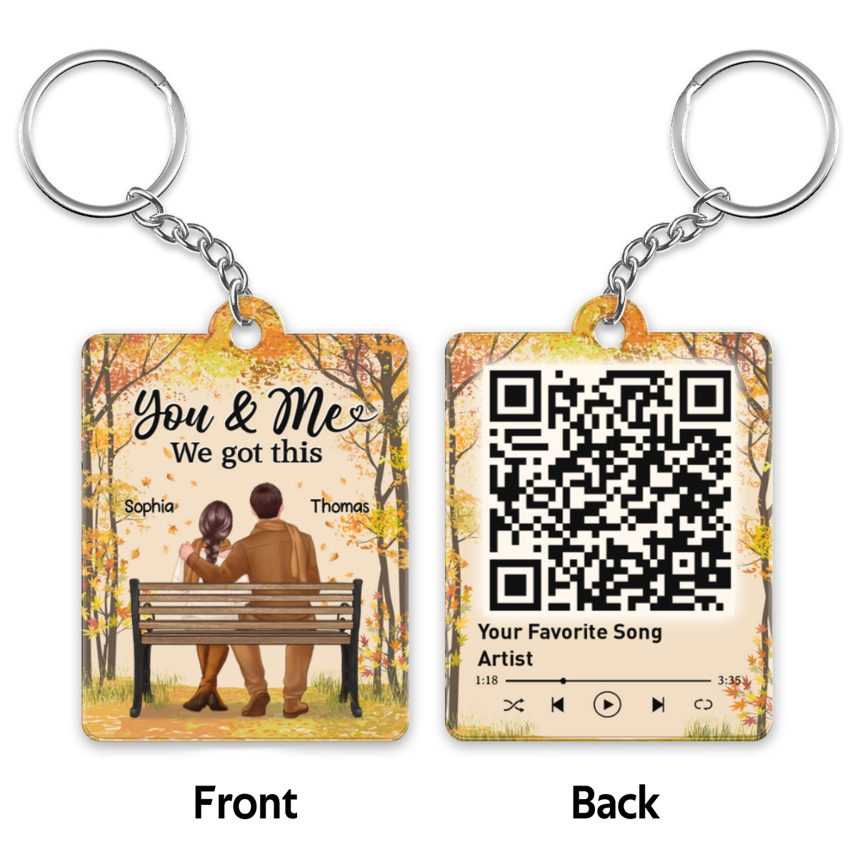 Fall Season Couple Sitting Back View Favorite Song QR Code Personalized Acrylic Keychain