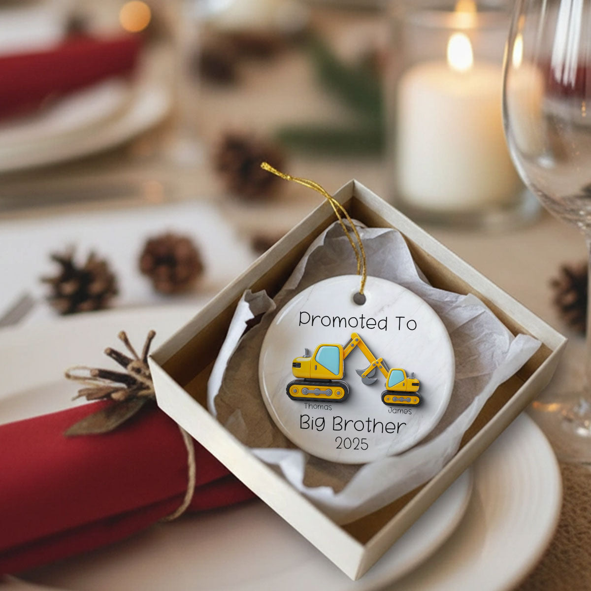 Promoted To Big Brother Big Sister 3D Effect Excavator - Personalized Ceramic Ornament - Proud New Big Siblings Gift