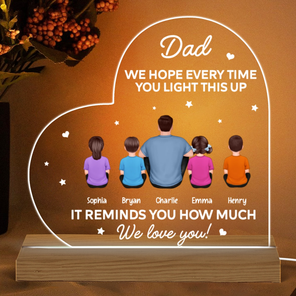 Dad Light This Up We Love You Back View Man Kids Dog Cat Sitting Father‘s Day Gift Personalized Warm Custom Shape Acrylic Plaque LED Night Light