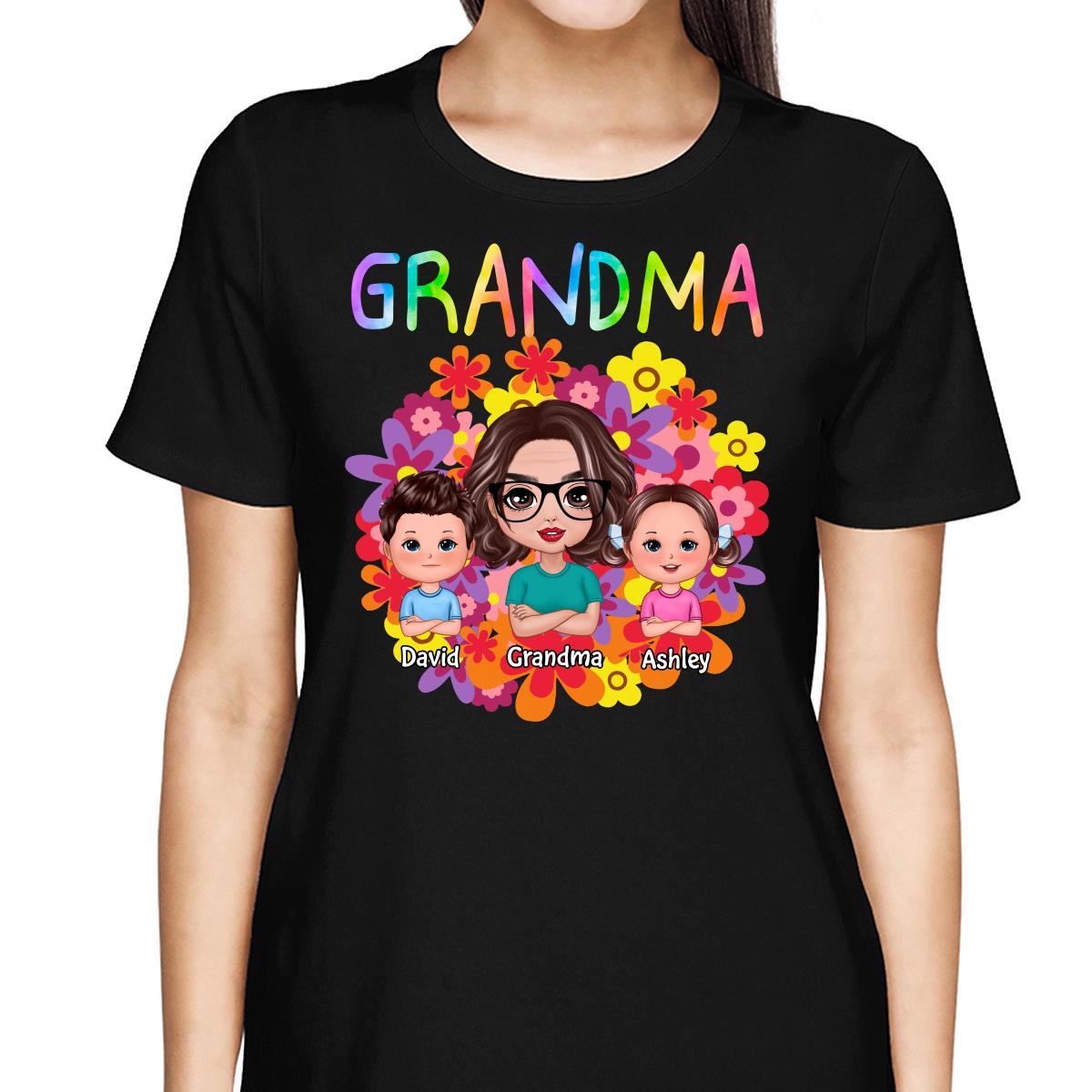 Colorful Flowers Doll Grandma With Grandkids Personalized Shirt