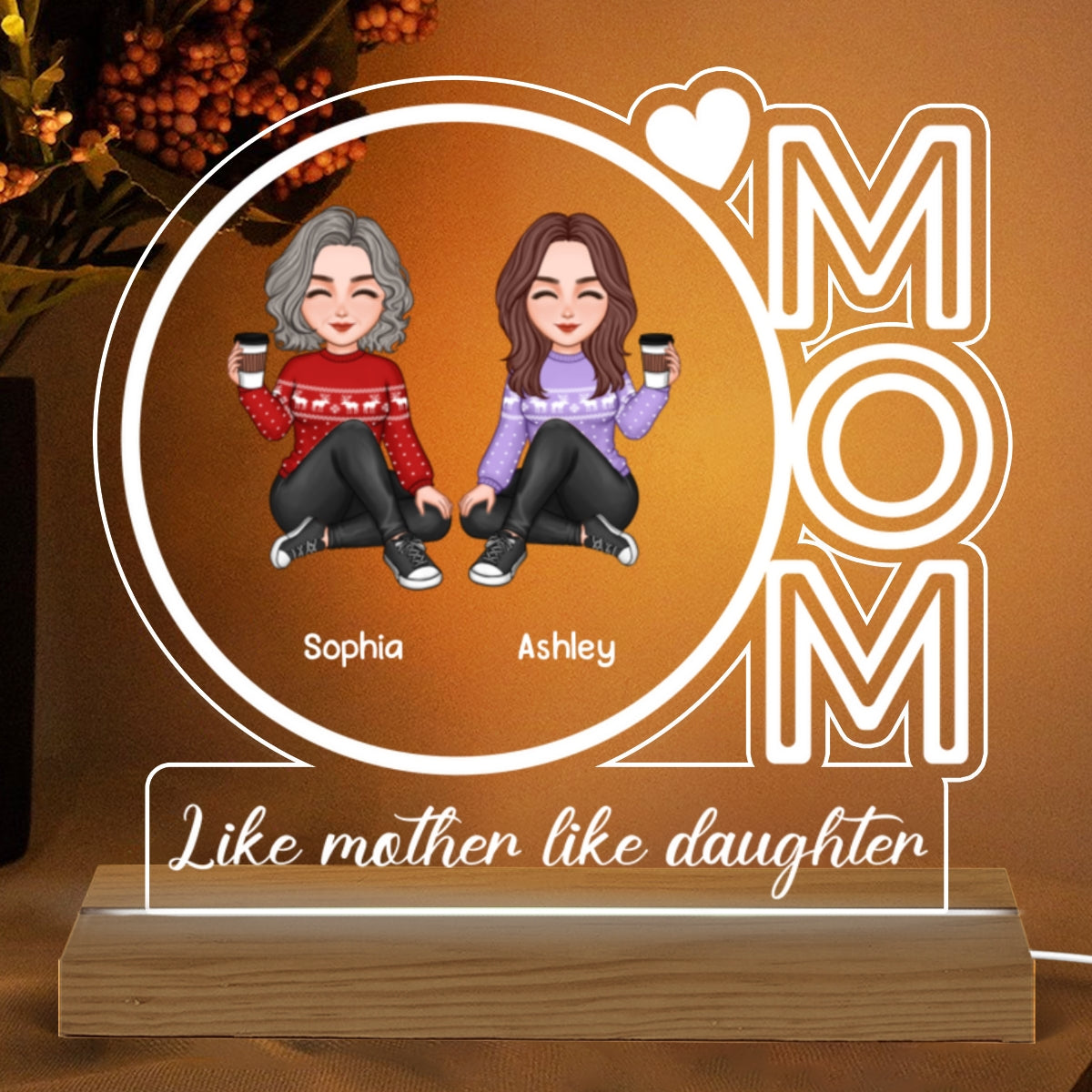Mom We Love You Cute Doll Mother Daughter Son Personalized Custom Shaped Acrylic Plaque With LED Night Light