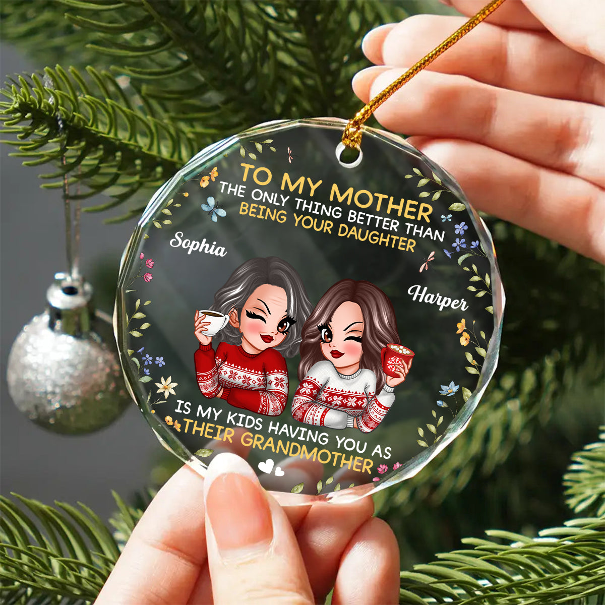 To My Mother Gift From Daughter My Kids Having You As Grandmother Personalized Glass Ornament