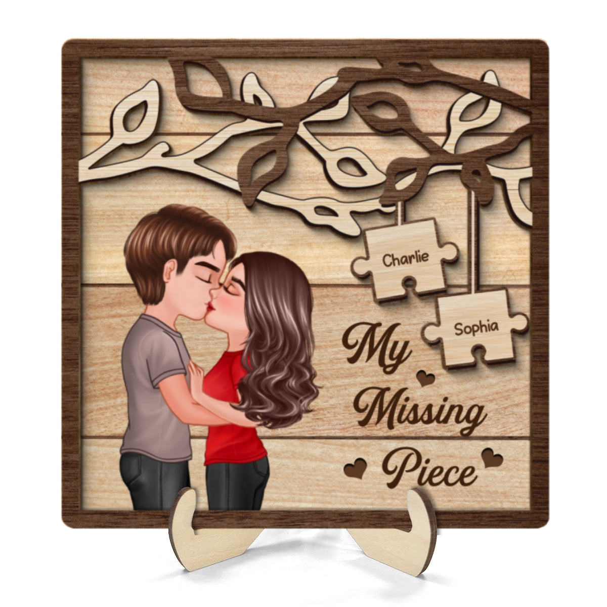 Couple Kissing Under Tree My Missing Piece Personalized 2-Layer Wooden Plaque