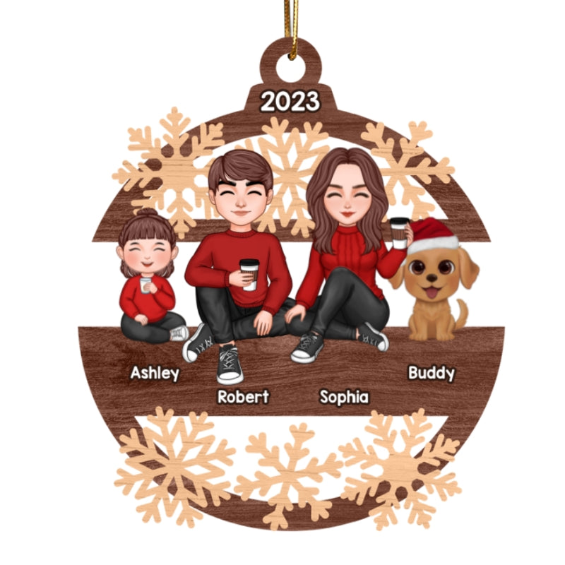 Snowflake Cute Family Sitting Personalized Wooden Ornament