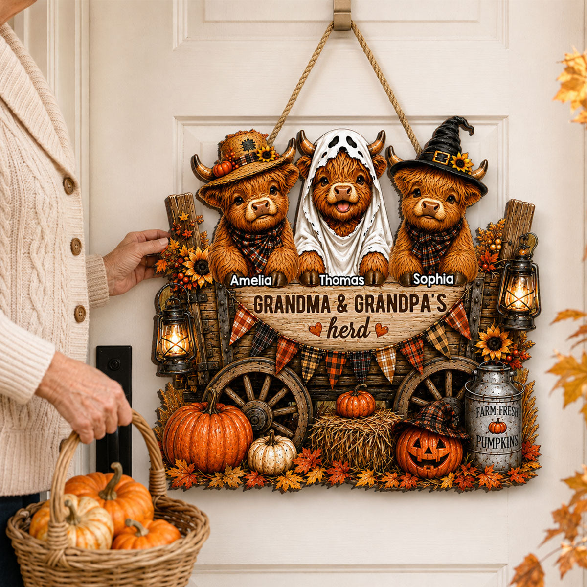 Grandma & Grandpa's Herd - Personalized Wooden Door Sign - Fall Decor for Grandparents, Grandparent's Day Gift