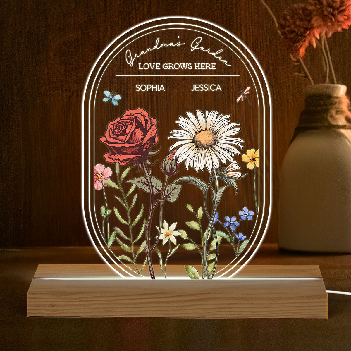 Personalized Birth Month Flowers Grandma's Garden Oval Shaped Acrylic Night Light, Gift for Mom, for Grandma