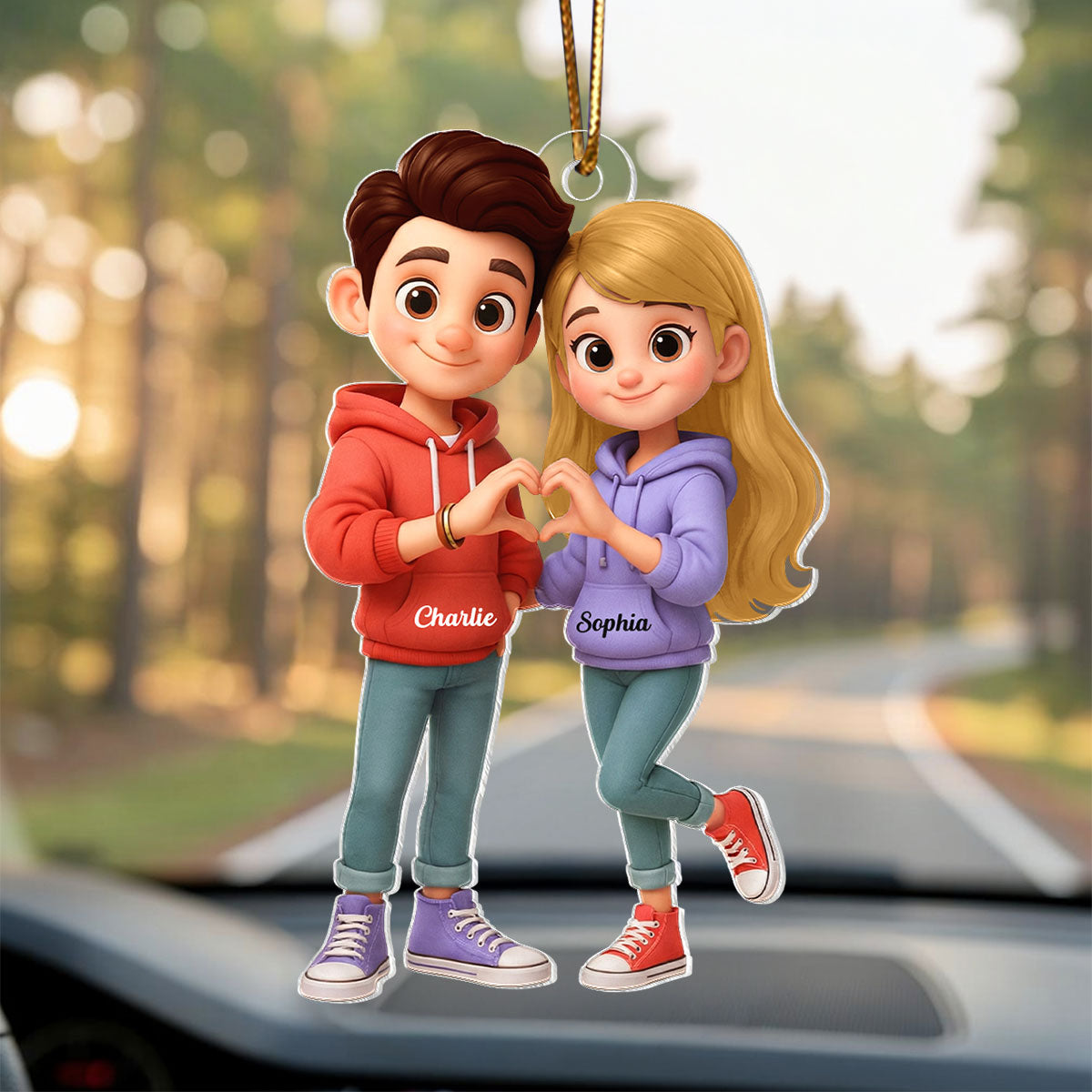 Cute Cartoon Couple Heartfelt Moment - Personalized Acrylic Car Hanger - Sentimental Gift for him, for her