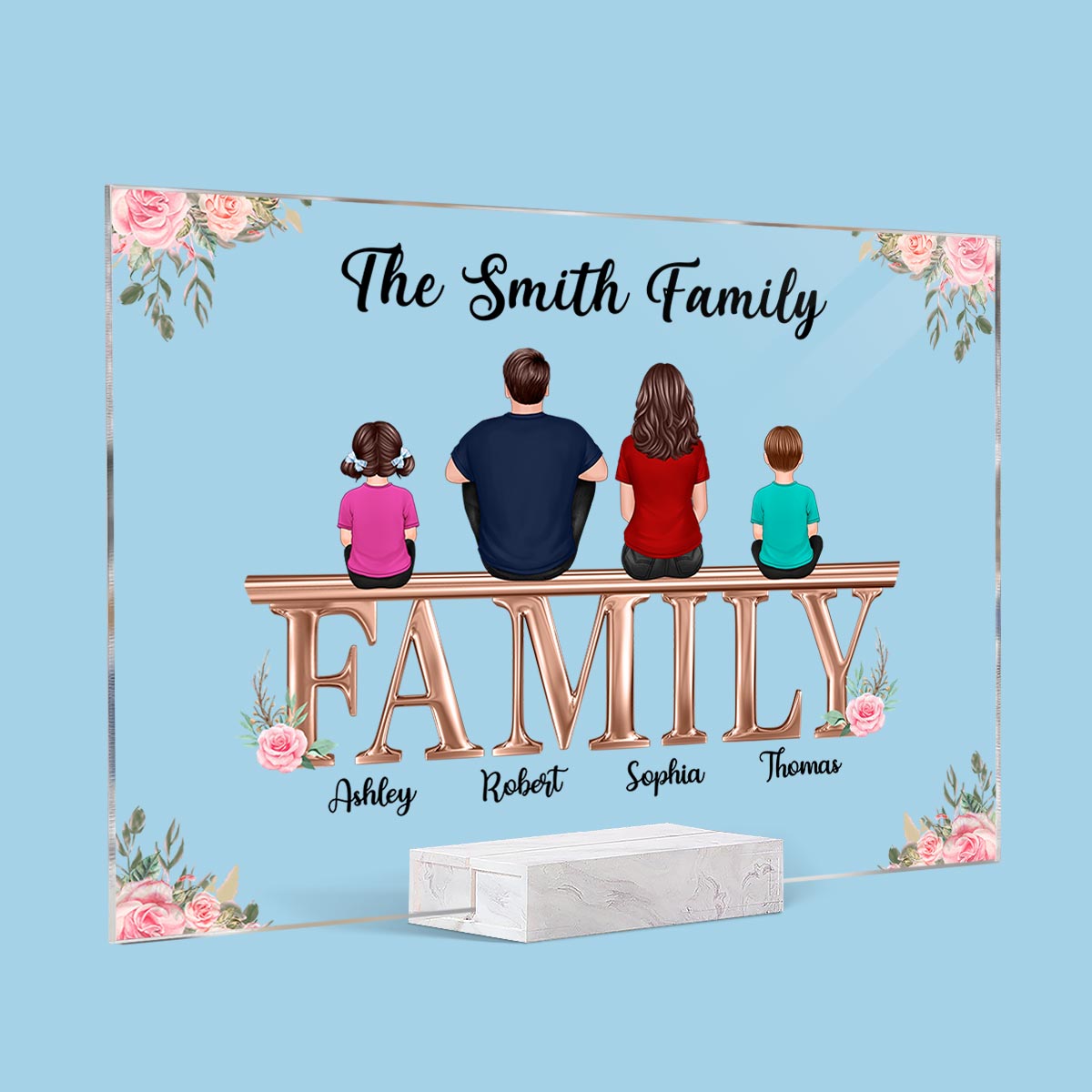 Whole Family Couple Grandma Grandpa Dad Mom Kids Dogs Cats Sitting On Word Personalized Acrylic Plaque