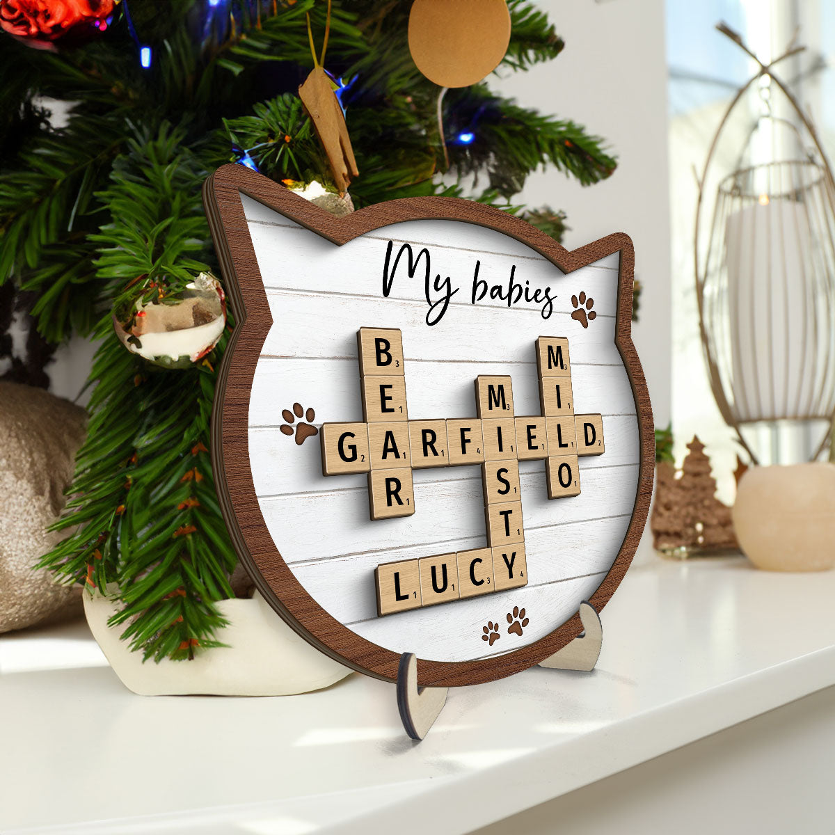 Cat Lover Gift Crossword Puzzle Art Home Decor Personalized 2-Layer Wooden Plaque