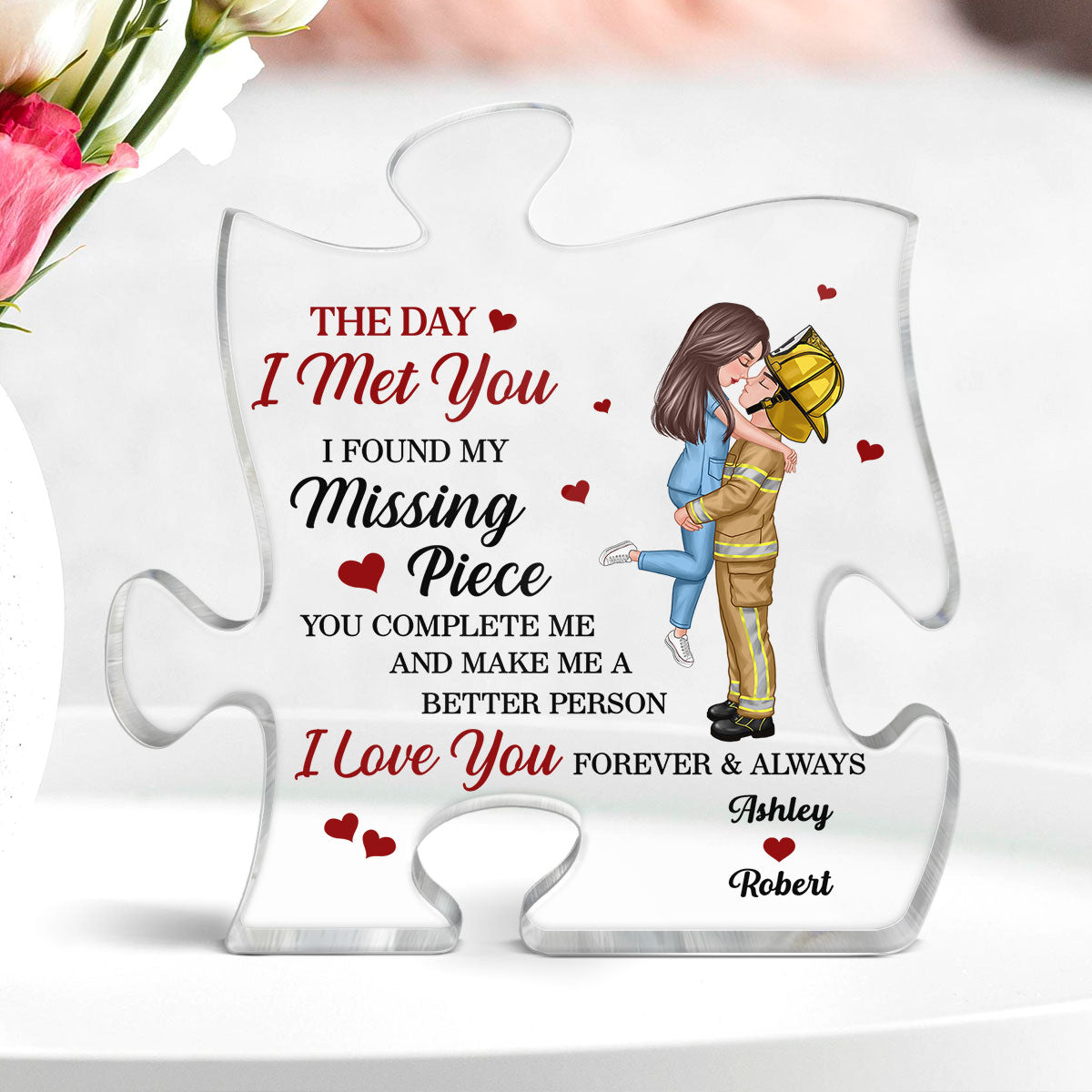 The Day I Met You Couple Valentine‘s Day Gifts by Occupation Gift For Her Gift For Him Firefighter, Nurse, Police Officer Personalized Puzzle Acrylic Block Plaque