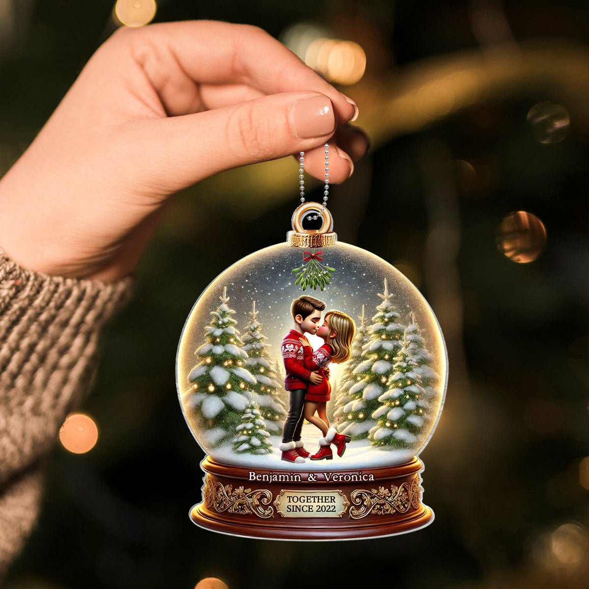 Pretty Couple Kissing Under Mistletoe 3D Realistic Snow Globe Personalized Acrylic Ornament, Unique Christmas Gift For Him, For Her, For The Couple, Anniversary Gift