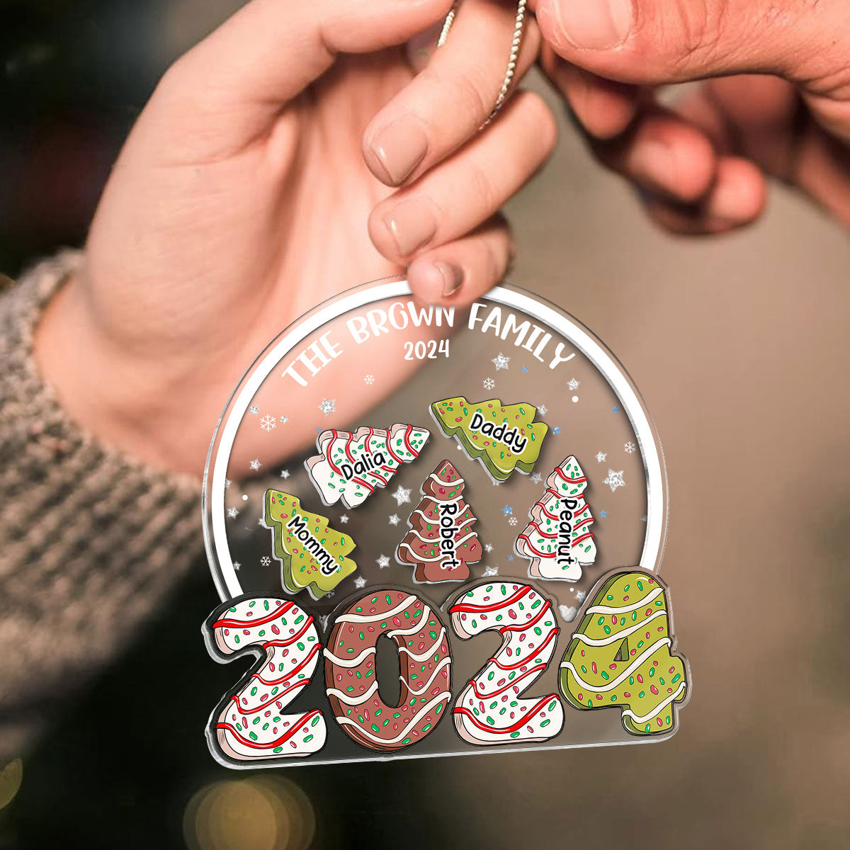 Family Christmas Tree Cake 2024 Personalized Shaker Ornament, Christmas Gift