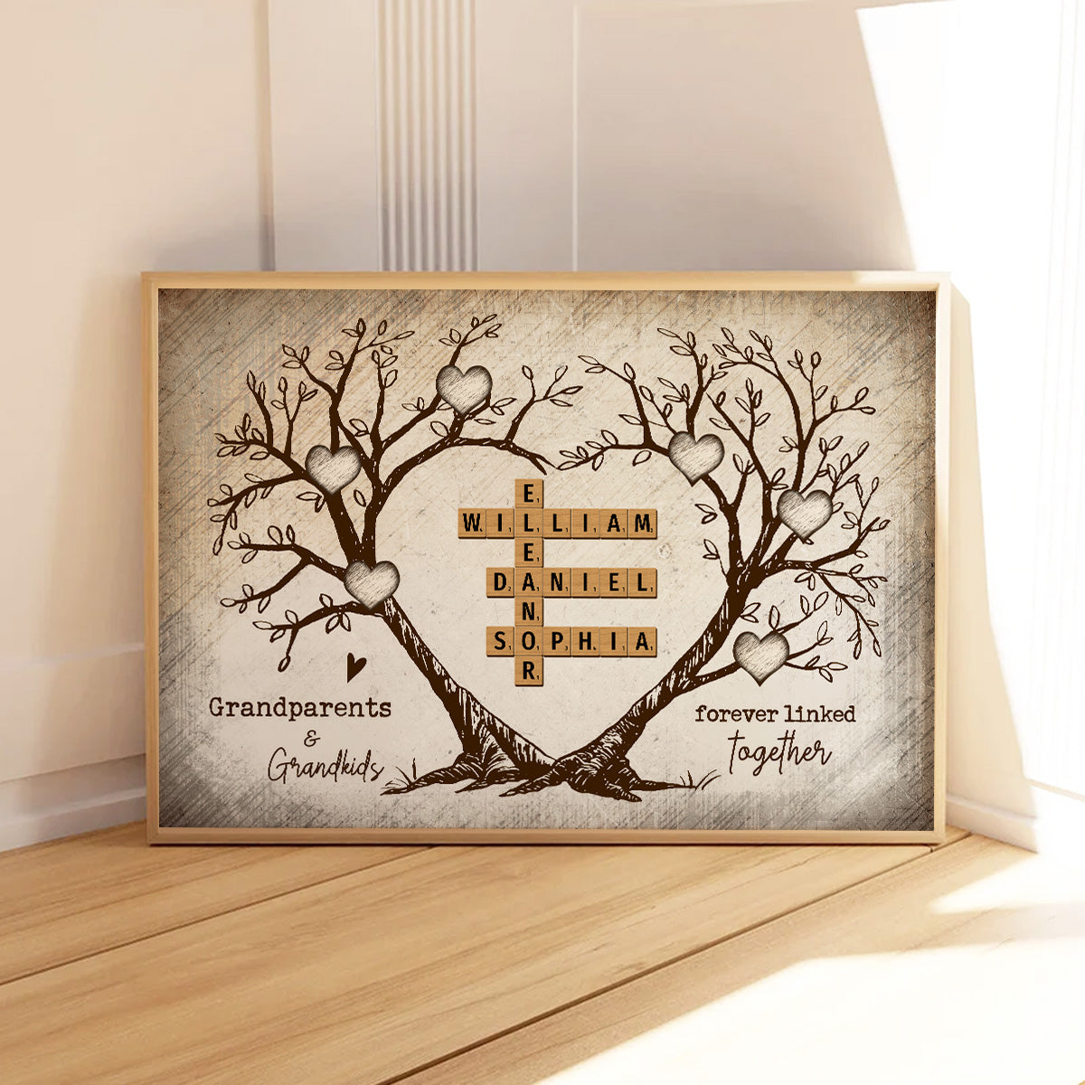 Grandparents & Grandkids Forever Linked Together Heart Tree Puzzle Crossword Art Personalized Poster, Gift For Grandparents, Grandma, Grandpa