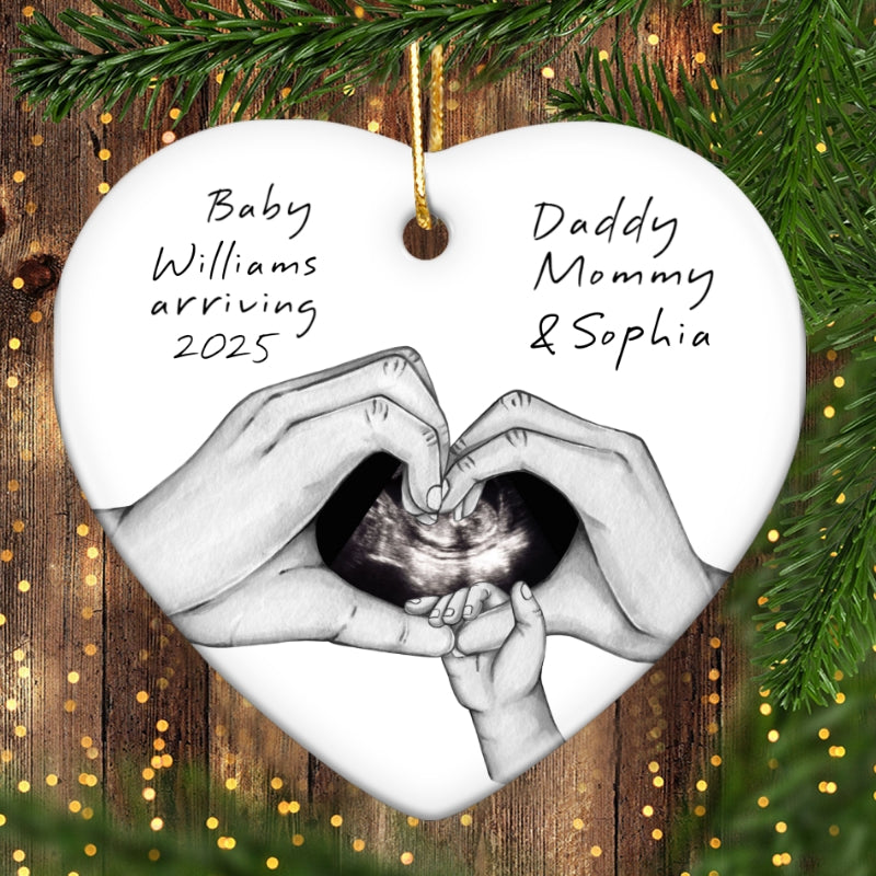 Pregnancy Baby Bump Christmas Tree Decoration, Last Christmas as a Family of 3, Baby Scan Photo Ceramic Ornament, Baby Arriving Next Year