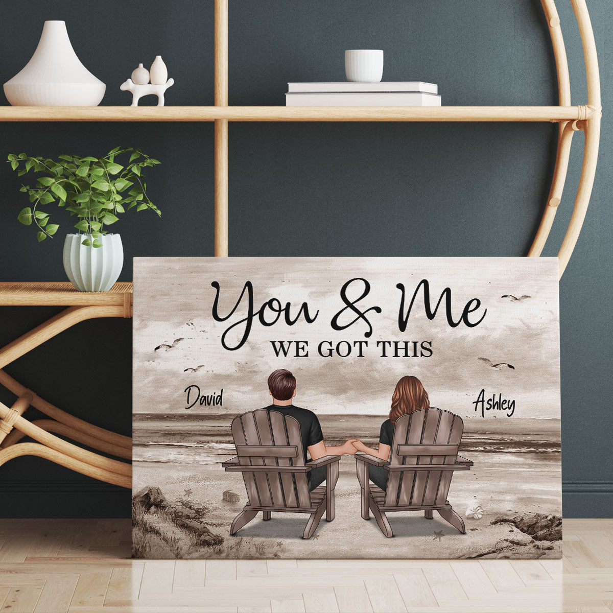 Retro Vintage Back View Couple Sitting Beach Landscape Personalized Canvas, Anniversary Gift For Couple, Husband, Wife, Dad, Mom