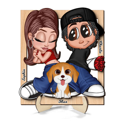 Y2K Couple Dogs Cats Frame Personalized 2-layer Wooden Plaque,  Gift for Him, Gift for Her