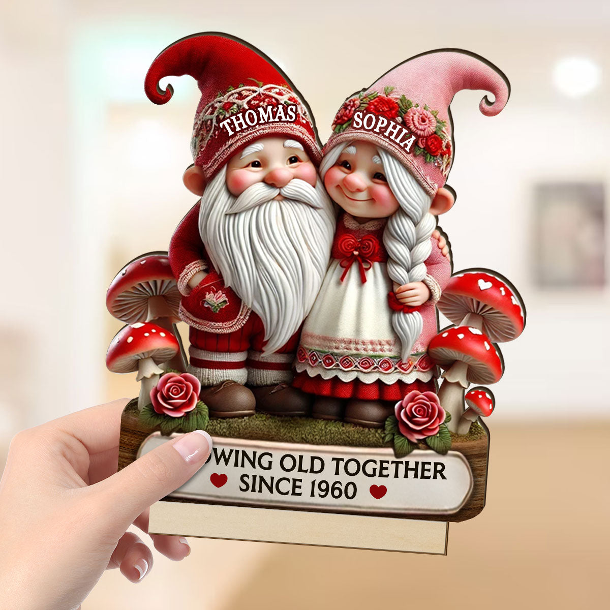 3D Effect Romantic Gnome Couple Personalized Standing Wooden Plaque, Heartfelt Gift For Her, For Wife