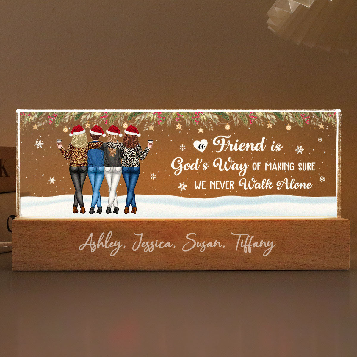 Christmas Friends Standing In Snow Personalized Acrylic Block LED Night Light