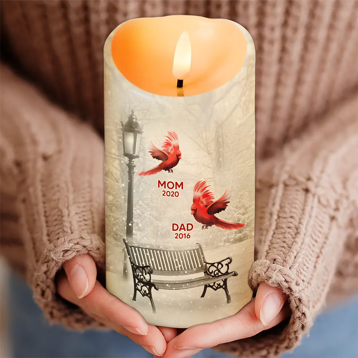 Cardinals Winter Memorial Personalized LED Candle, Remembrance Gift, Sympathy Gift