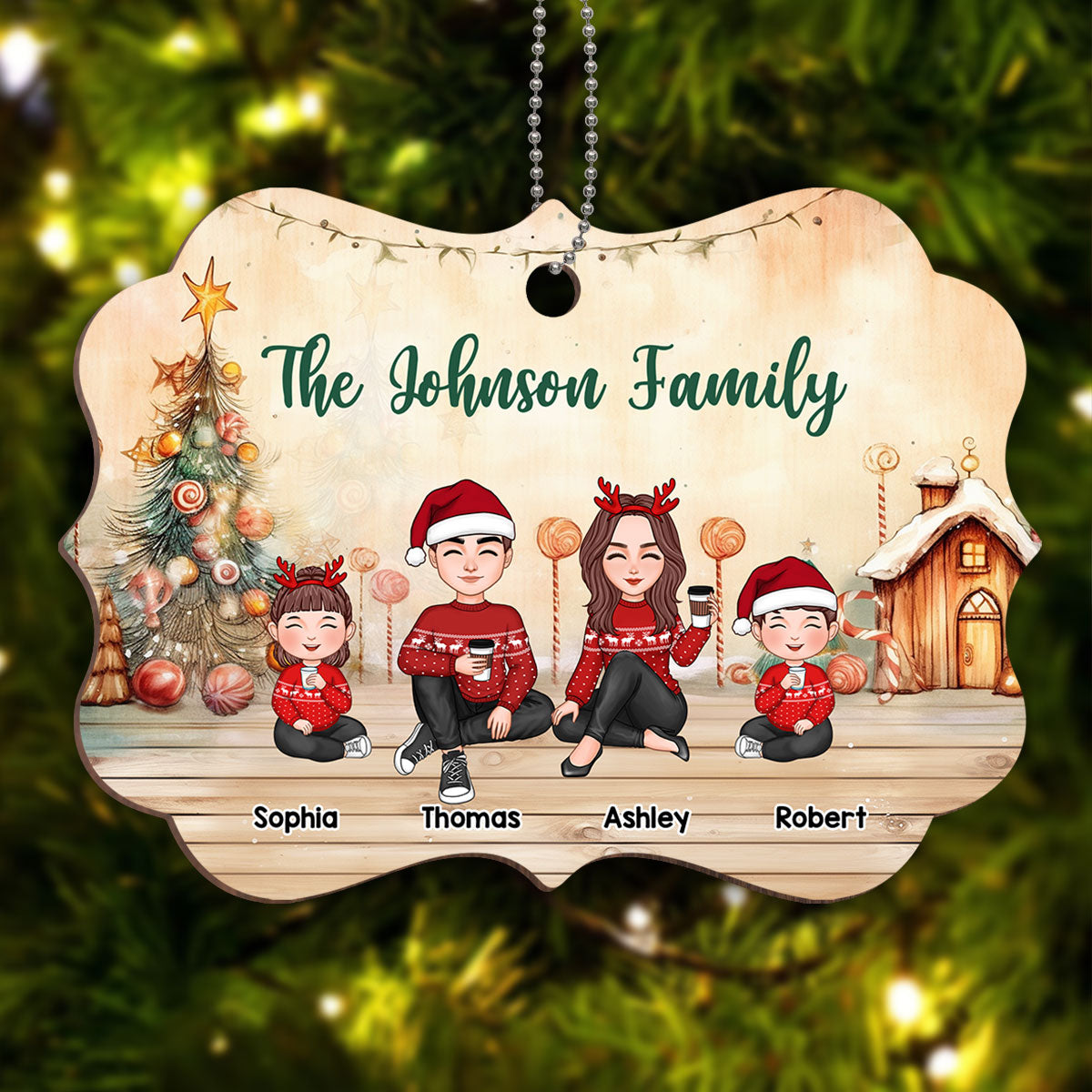 Doll Family Cute Sitting Christmas In House Personalized Wooden Ornament