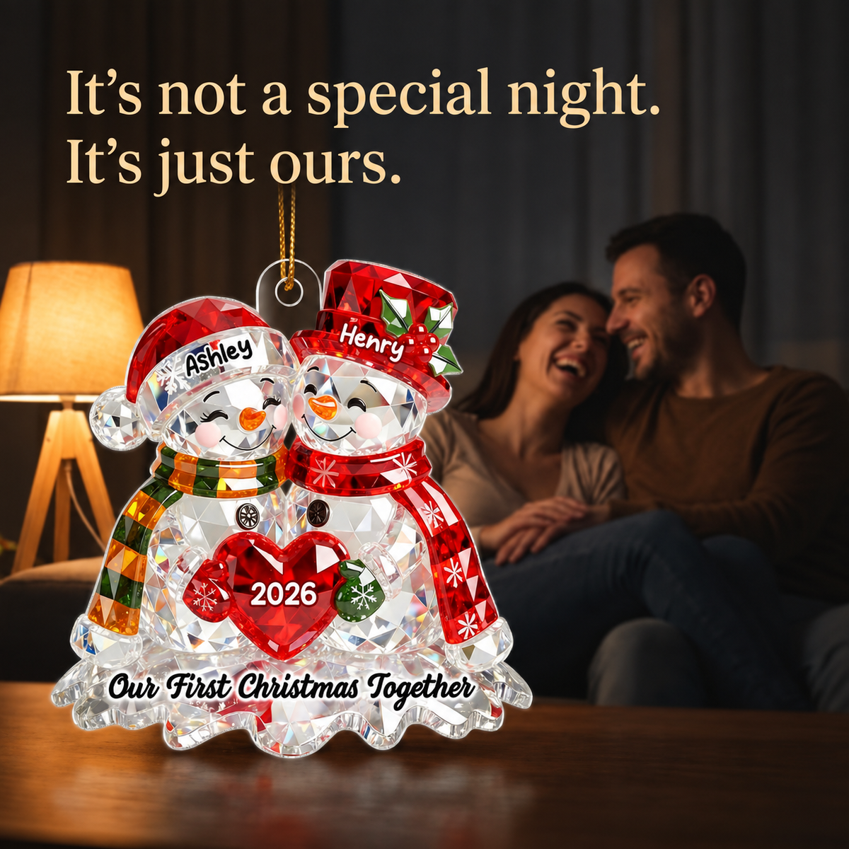 Snowman Couple 3D Crystal Effect - Personalized Acrylic Ornament - Christmas Gift for Couple