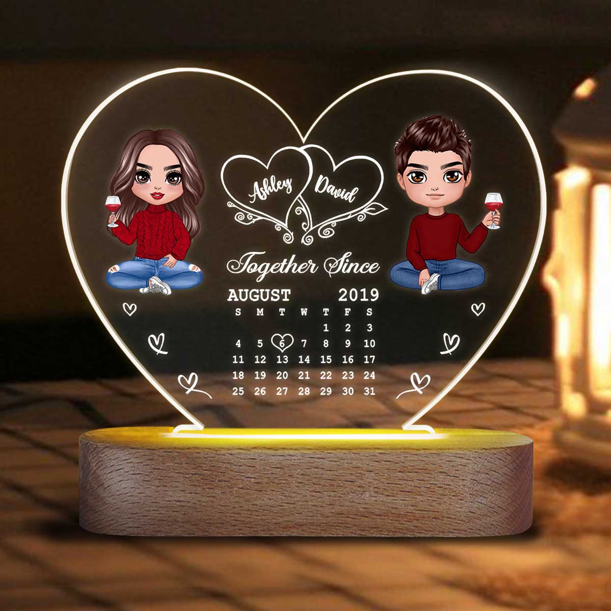 Hearts Doll Couple Sitting Calendar Anniversary Date Gift For Him Gift For Her Personalized Acrylic Heart Plaque LED Lamp Night Light