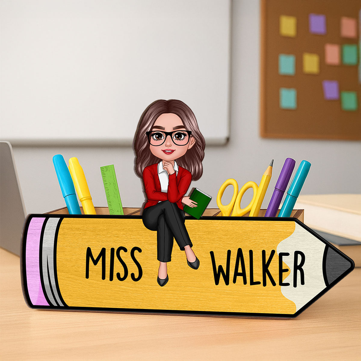 Doll Teacher Sitting On Pencil Personalized Wooden Pen Pencil Holder, Back To School Gift