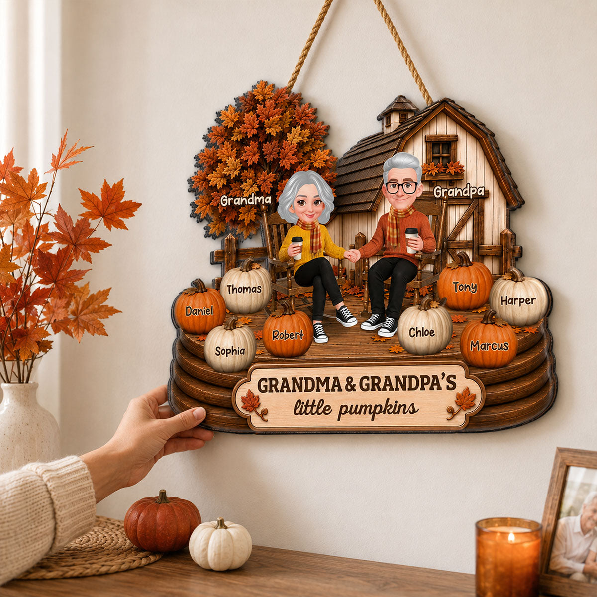 Fall Season Cozy Warm Farmhouse Style Grandma Grandpa Little Pumpkins - Personalized Wood Sign - Fall Decor For Grandparents