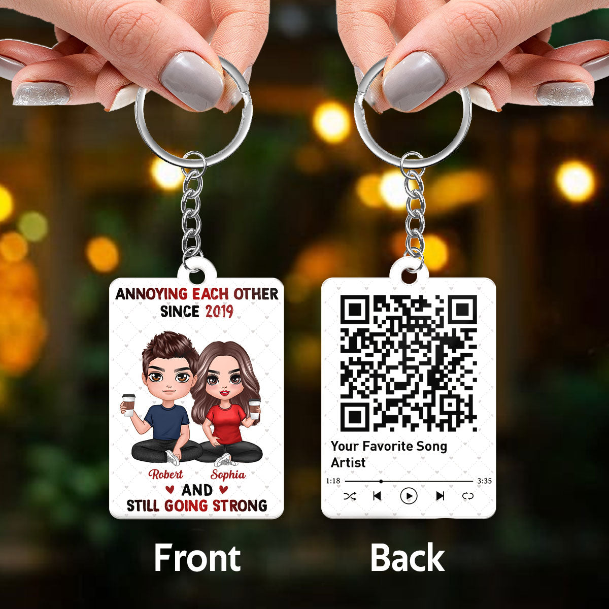 Hearts Pattern Doll Couple Sitting Favorite Song Scannable QR Code Personalized Acrylic Keychain
