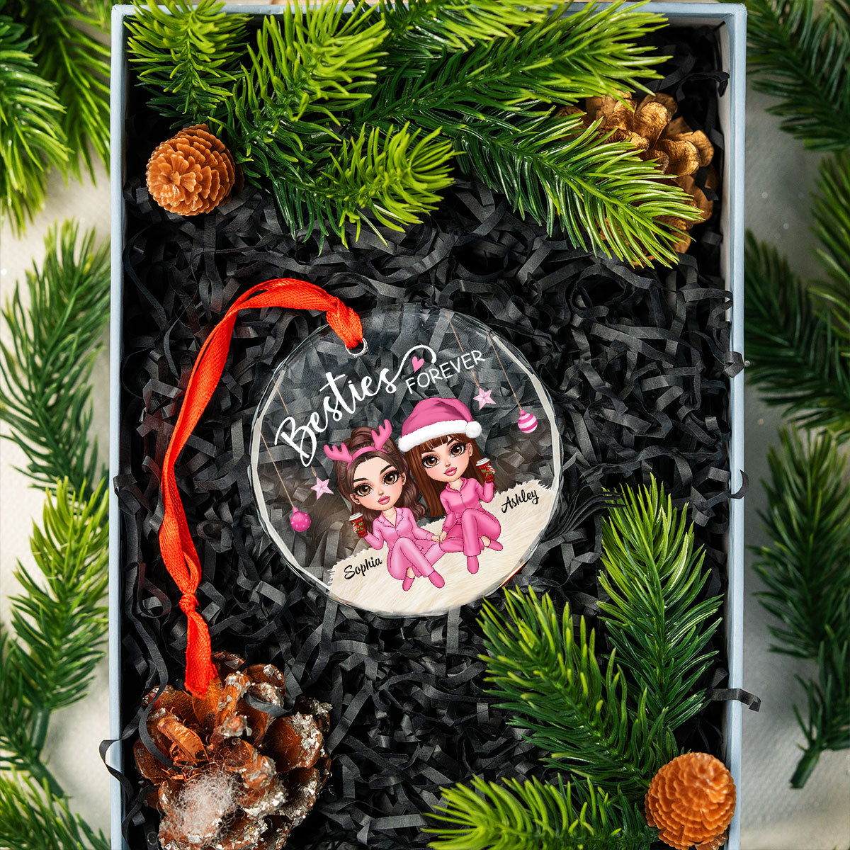 Besties Forever Pink Clothes Y2K Best Friends Personalized Glass Ornament, Friendship Christmas Gift