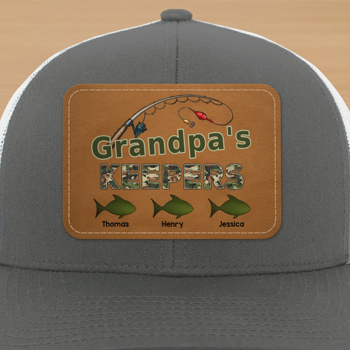 Grandpa‘s Keepers Fishing Camouflage Personalized Leather Patch Hat
